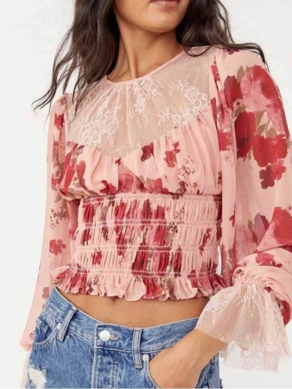 Free People Pink Daphne Long Sleeve Romantic Floral Blouse Size S Valentine